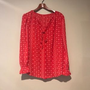 Red Blouse, Vertical lines with White Diamond Shapes in Design, Ruffled Sleeves